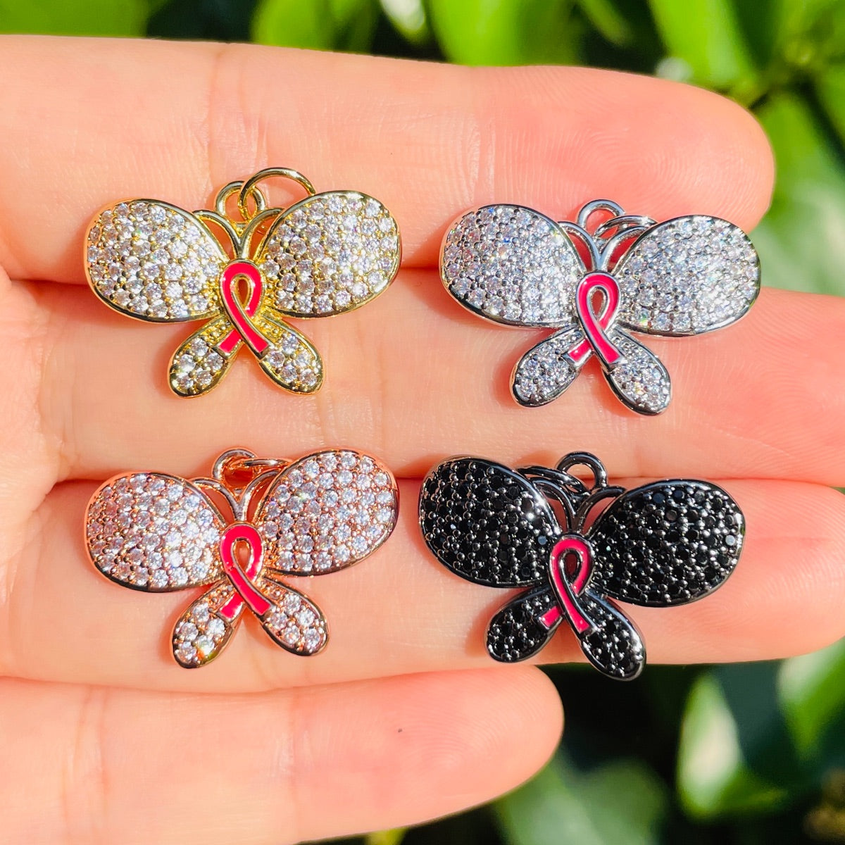 10pcs/lot CZ Pave Pink Ribbon Butterfly Charms - Breast Cancer Awareness Mix Colors CZ Paved Charms Breast Cancer Awareness Butterflies New Charms Arrivals Charms Beads Beyond