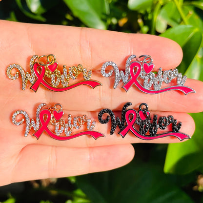 10pcs/lot CZ Pave Pink Ribbon Warrior Word Charms - Breast Cancer Awareness Mix Colors CZ Paved Charms Breast Cancer Awareness New Charms Arrivals Charms Beads Beyond