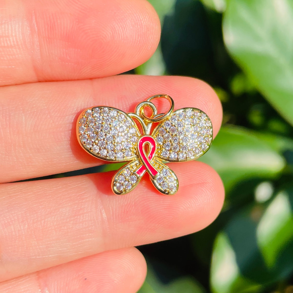 10pcs/lot CZ Pave Pink Ribbon Butterfly Charms - Breast Cancer Awareness Gold CZ Paved Charms Breast Cancer Awareness Butterflies New Charms Arrivals Charms Beads Beyond