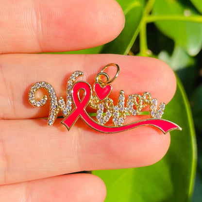 10pcs/lot CZ Pave Pink Ribbon Warrior Word Charms - Breast Cancer Awareness Gold CZ Paved Charms Breast Cancer Awareness New Charms Arrivals Charms Beads Beyond
