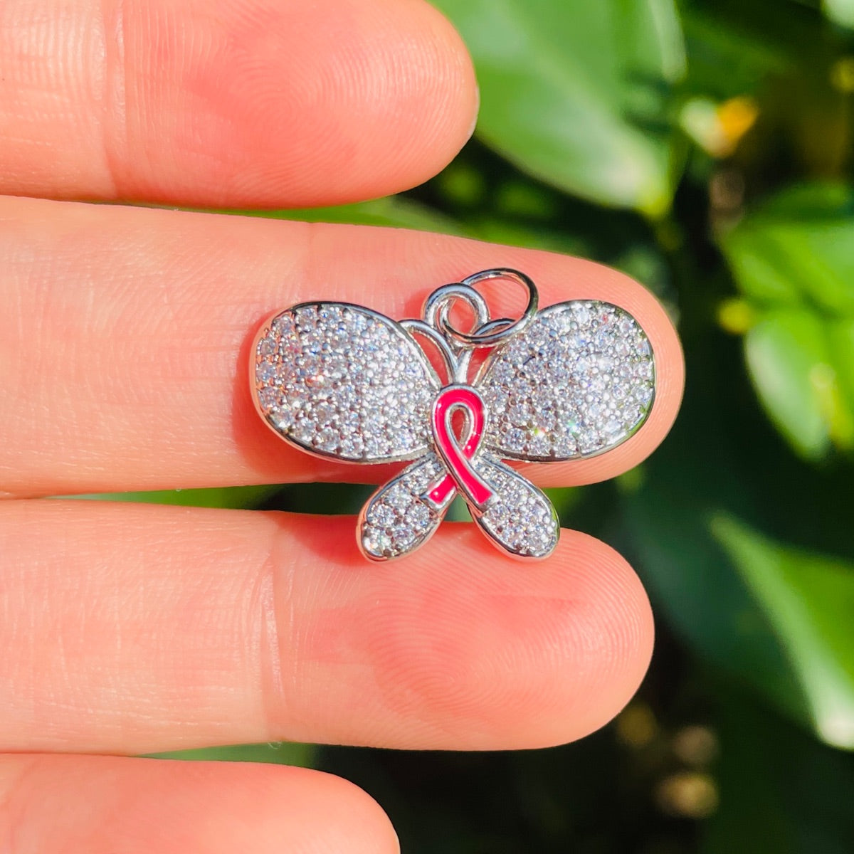 10pcs/lot CZ Pave Pink Ribbon Butterfly Charms - Breast Cancer Awareness Silver CZ Paved Charms Breast Cancer Awareness Butterflies New Charms Arrivals Charms Beads Beyond