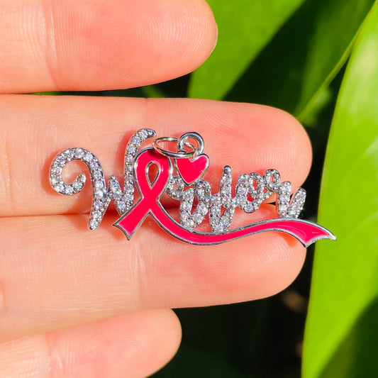 10pcs/lot CZ Pave Pink Ribbon Warrior Word Charms - Breast Cancer Awareness Silver CZ Paved Charms Breast Cancer Awareness New Charms Arrivals Charms Beads Beyond