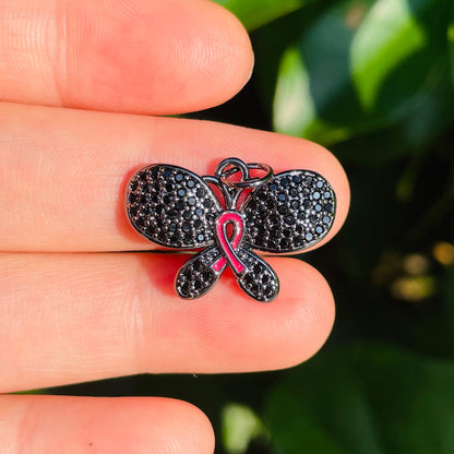 10pcs/lot CZ Pave Pink Ribbon Butterfly Charms - Breast Cancer Awareness Black on Black CZ Paved Charms Breast Cancer Awareness Butterflies New Charms Arrivals Charms Beads Beyond