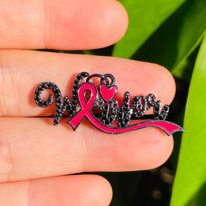 10pcs/lot CZ Pave Pink Ribbon Warrior Word Charms - Breast Cancer Awareness Black on Black CZ Paved Charms Breast Cancer Awareness New Charms Arrivals Charms Beads Beyond