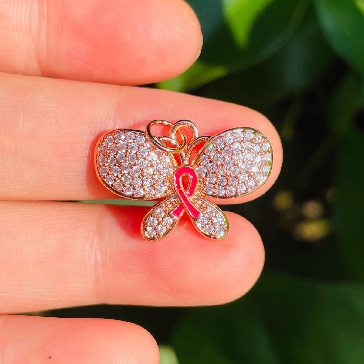 10pcs/lot CZ Pave Pink Ribbon Butterfly Charms - Breast Cancer Awareness Rose Gold CZ Paved Charms Breast Cancer Awareness Butterflies New Charms Arrivals Charms Beads Beyond