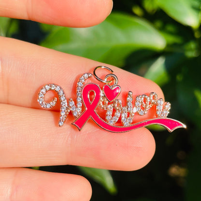 10pcs/lot CZ Pave Pink Ribbon Warrior Word Charms - Breast Cancer Awareness Rose Gold CZ Paved Charms Breast Cancer Awareness New Charms Arrivals Charms Beads Beyond