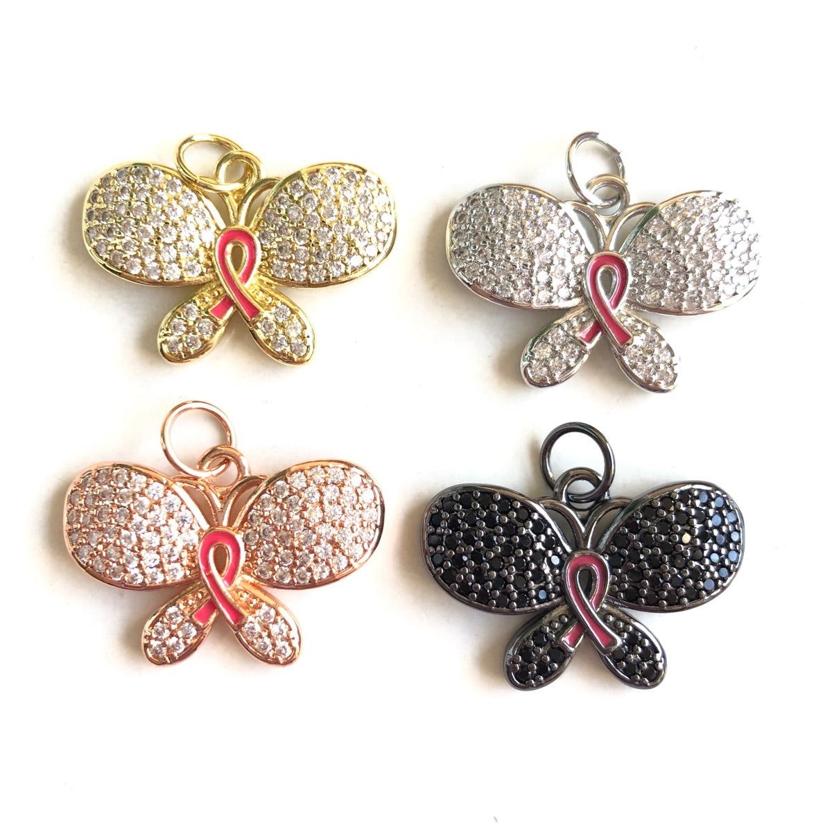 10pcs/lot CZ Pave Pink Ribbon Butterfly Charms - Breast Cancer Awareness CZ Paved Charms Breast Cancer Awareness Butterflies New Charms Arrivals Charms Beads Beyond