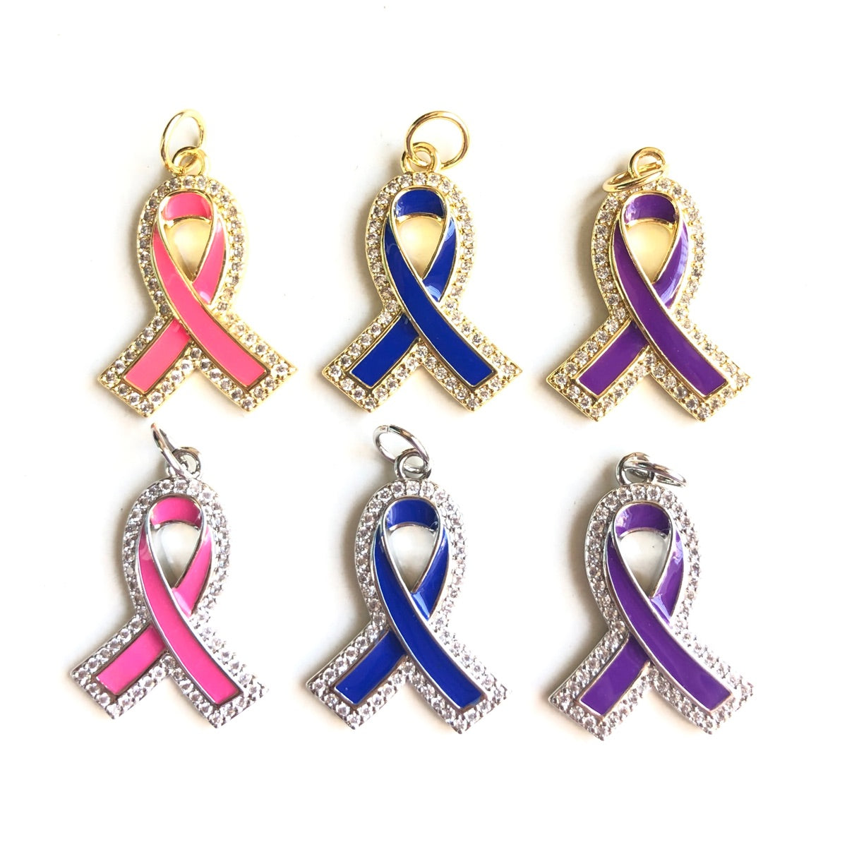 10pcs/lot CZ Paved Pink Blue Purple Ribbon Charms Mix All Colors CZ Paved Charms Breast Cancer Awareness New Charms Arrivals Charms Beads Beyond