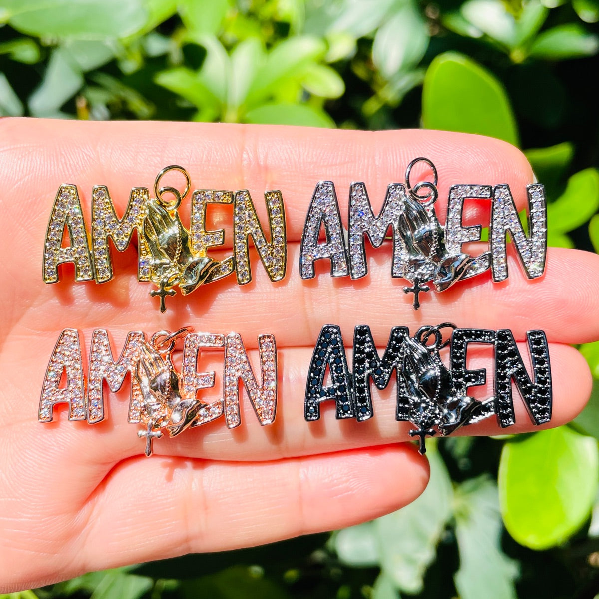 10pcs/lot CZ Pave Praying Hands Amen Word Charms Mix Colors CZ Paved Charms Christian Quotes New Charms Arrivals Charms Beads Beyond