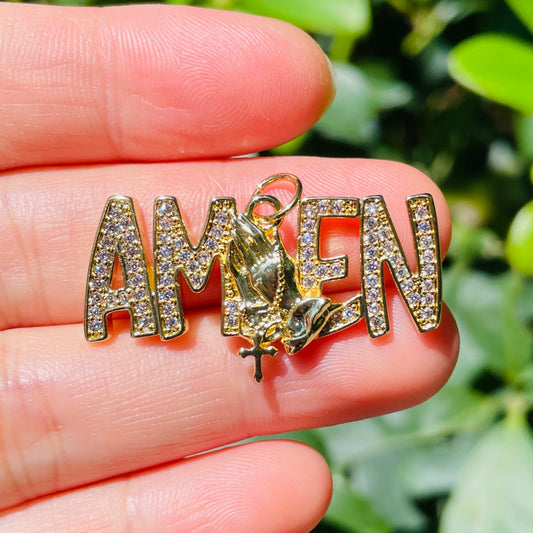 10pcs/lot CZ Pave Praying Hands Amen Word Charms Gold CZ Paved Charms Christian Quotes New Charms Arrivals Charms Beads Beyond