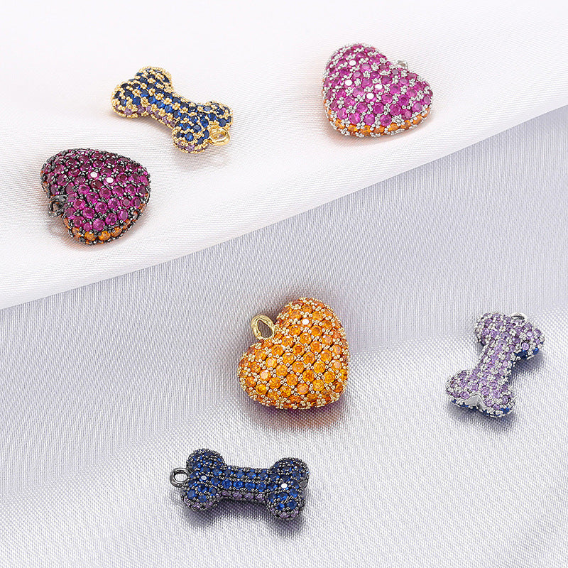 10pcs/lot Colorful CZ Paved 3D Cute Heart Bone Charms CZ Paved Charms Hearts Small Sizes Charms Beads Beyond