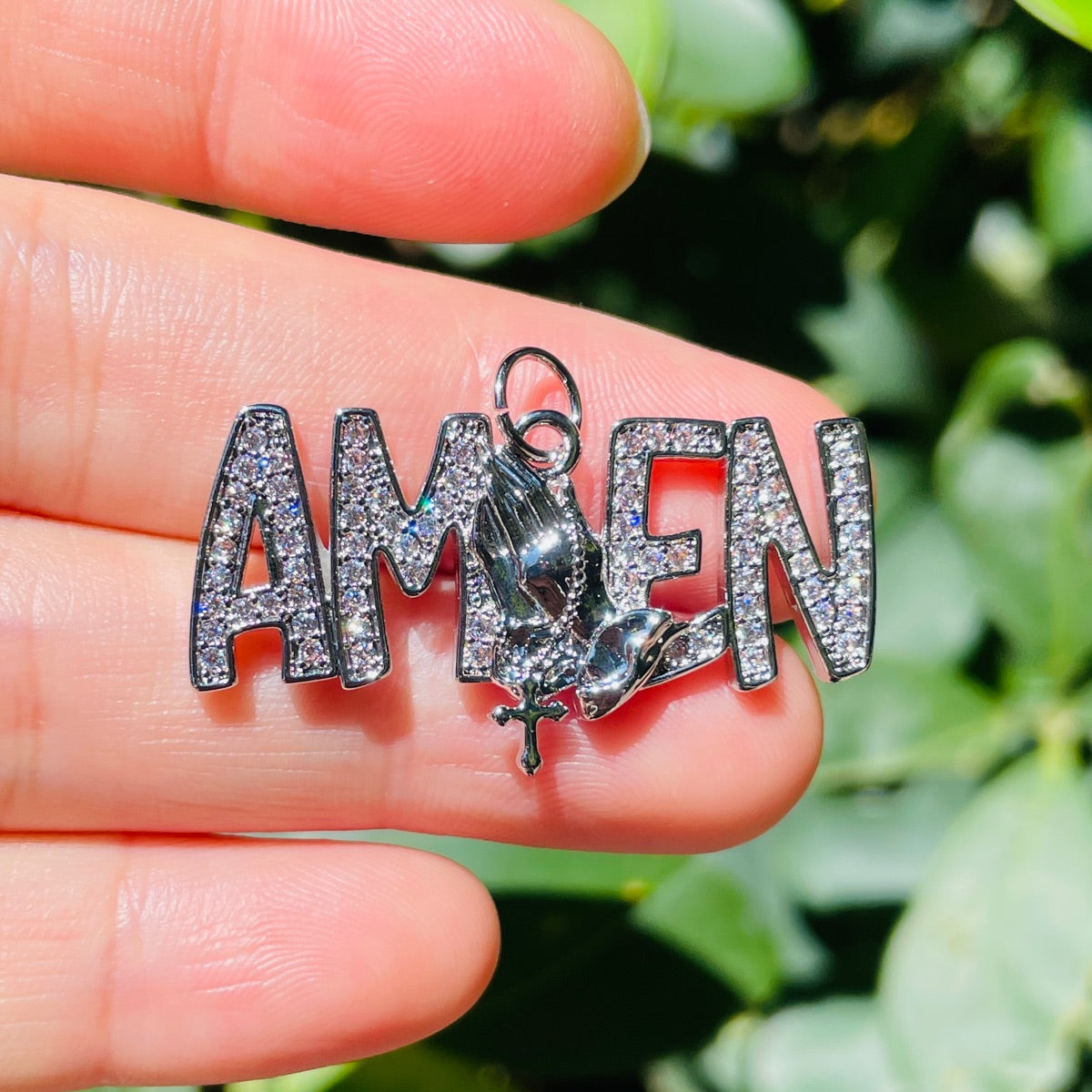 10pcs/lot CZ Pave Praying Hands Amen Word Charms Silver CZ Paved Charms Christian Quotes New Charms Arrivals Charms Beads Beyond