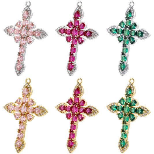 10pcs/lot Green Fuchsia Pink CZ Paved Cross Charms CZ Paved Charms Crosses New Charms Arrivals Charms Beads Beyond