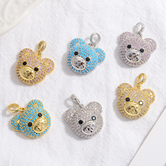 5-10pcs/lot Turquoise Green Pink Clear CZ Paved Cute Bear Head Charms CZ Paved Charms Animals & Insects Charms Beads Beyond