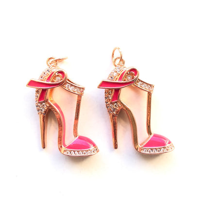 10pcs/lot CZ Pave Pink Ribbon High Heels Shoe Charms - Breast Cancer Awareness CZ Paved Charms Breast Cancer Awareness High Heels New Charms Arrivals Charms Beads Beyond