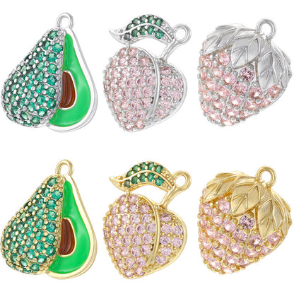 10pcs/lot Pink Green CZ Paved Peach Strawberry Avocado Fruit Charms CZ Paved Charms New Charms Arrivals Charms Beads Beyond