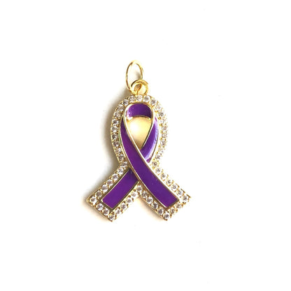 10pcs/lot CZ Paved Pink Blue Purple Ribbon Charms Purple Ribbon Gold CZ Paved Charms Breast Cancer Awareness New Charms Arrivals Charms Beads Beyond