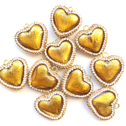 5pcs/lot Rhinestone Pave Colored Glaze Golden Heart Pendant Stone Charms Charms Beads Beyond