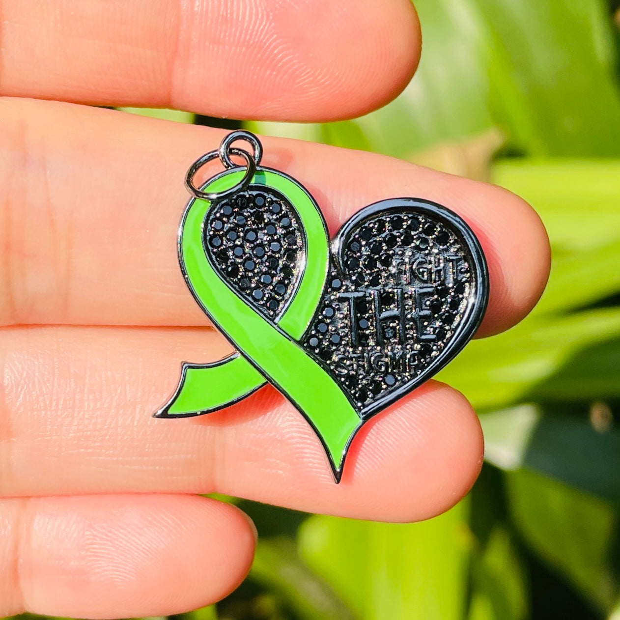 10pcs/lot CZ Pave Green Ribbon Fight The Stigma Mental Health Awareness Heart Charms CZ Paved Charms Hearts New Charms Arrivals Charms Beads Beyond