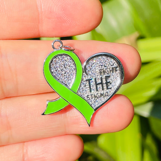 10pcs/lot CZ Pave Green Ribbon Fight The Stigma Mental Health Awareness Heart Charms CZ Paved Charms Hearts New Charms Arrivals Charms Beads Beyond