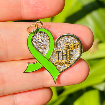 10pcs/lot CZ Pave Green Ribbon Fight The Stigma Mental Health Awareness Heart Charms CZ Paved Charms Hearts New Charms Arrivals Charms Beads Beyond