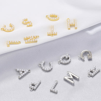 10-26pcs/lot 14*10mm Pearl Paved Initial Letter Alphabet Beads-Gold, Silver