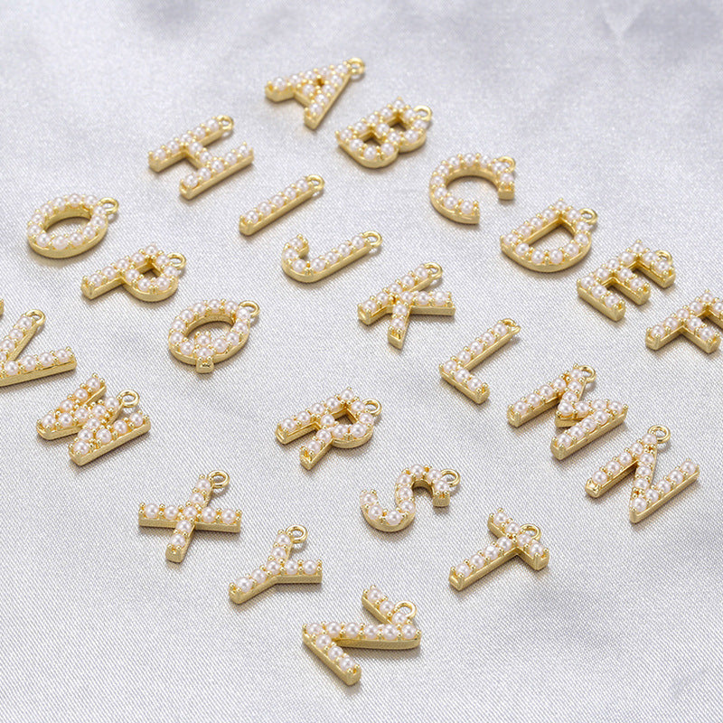 10-26pcs/lot 14*10mm Pearl Paved Initial Letter Alphabet Beads-Gold, Silver