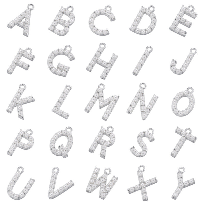 10-26pcs/lot 14*10mm Pearl Paved Initial Letter Alphabet Beads-Gold, Silver