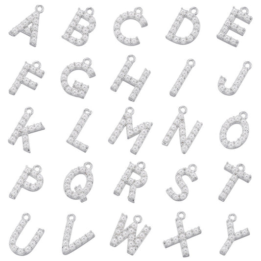 10-26pcs/lot 14*10mm Pearl Paved Initial Letter Alphabet Beads-Gold, Silver