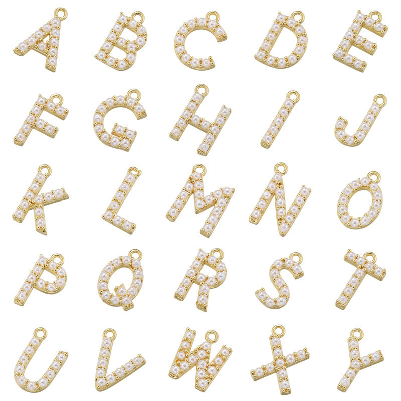 10-26pcs/lot 14*10mm Pearl Paved Initial Letter Alphabet Beads-Gold, Silver