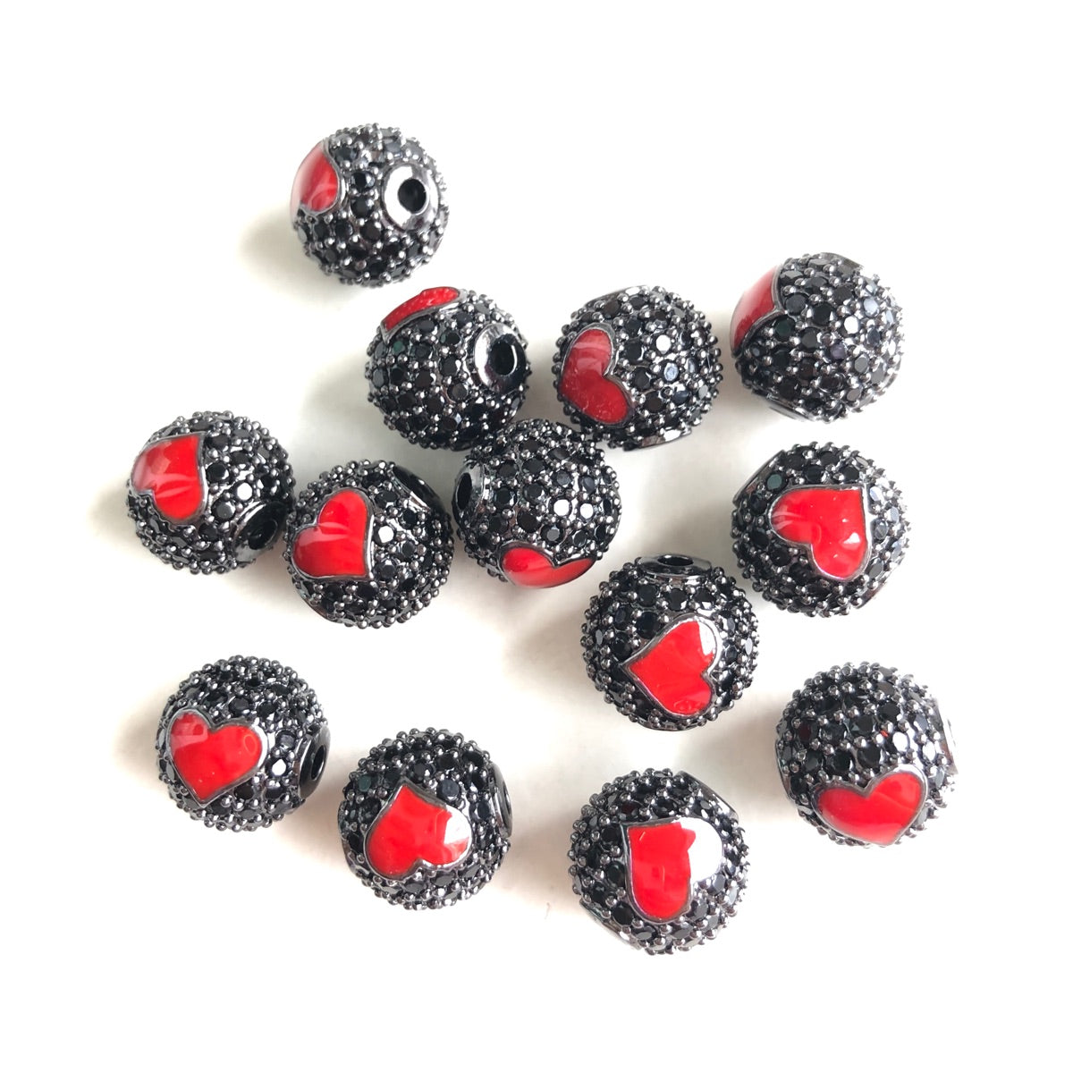 10-20pcs/lot 10mm CZ Paved Red Heart Ball Spacers Beads Black on Black CZ Paved Spacers 10mm Beads Ball Beads New Spacers Arrivals Charms Beads Beyond