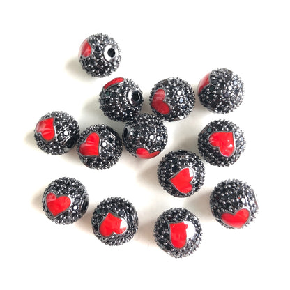 10-20pcs/lot 10mm CZ Paved Red Heart Ball Spacers Beads Black on Black CZ Paved Spacers 10mm Beads Ball Beads New Spacers Arrivals Charms Beads Beyond