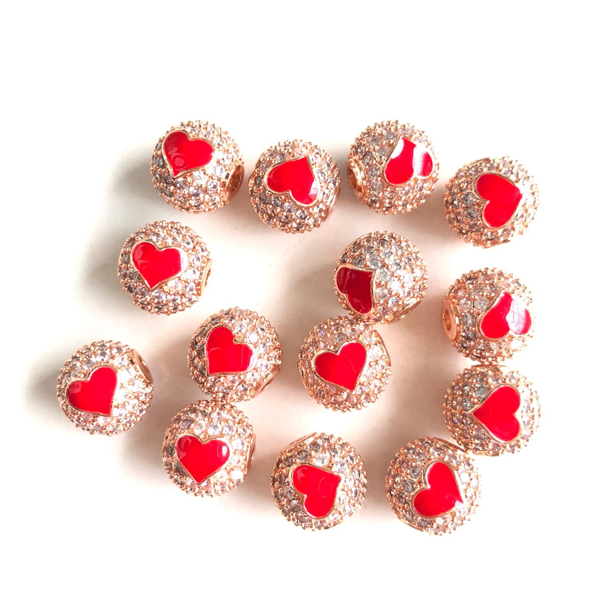 10-20pcs/lot 10mm CZ Paved Red Heart Ball Spacers Beads Rose Gold CZ Paved Spacers 10mm Beads Ball Beads New Spacers Arrivals Charms Beads Beyond