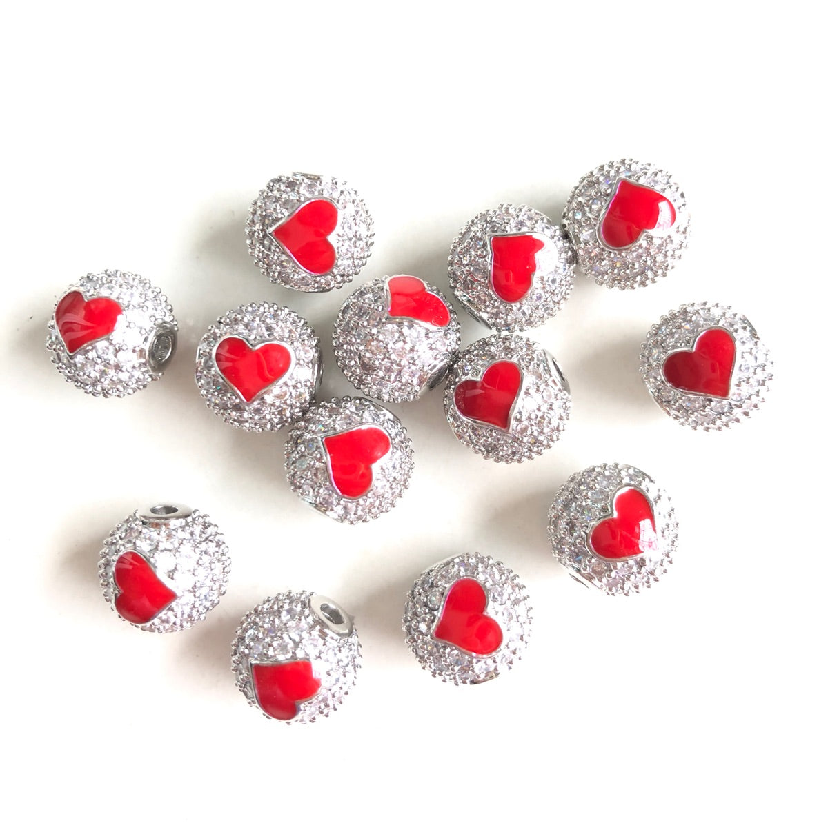 10-20pcs/lot 10mm CZ Paved Red Heart Ball Spacers Beads Silver CZ Paved Spacers 10mm Beads Ball Beads New Spacers Arrivals Charms Beads Beyond