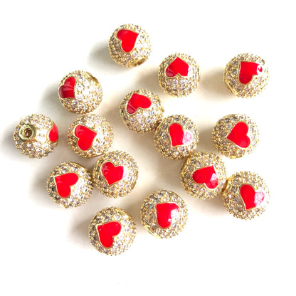 10-20pcs/lot 10mm CZ Paved Red Heart Ball Spacers Beads Gold CZ Paved Spacers 10mm Beads Ball Beads New Spacers Arrivals Charms Beads Beyond