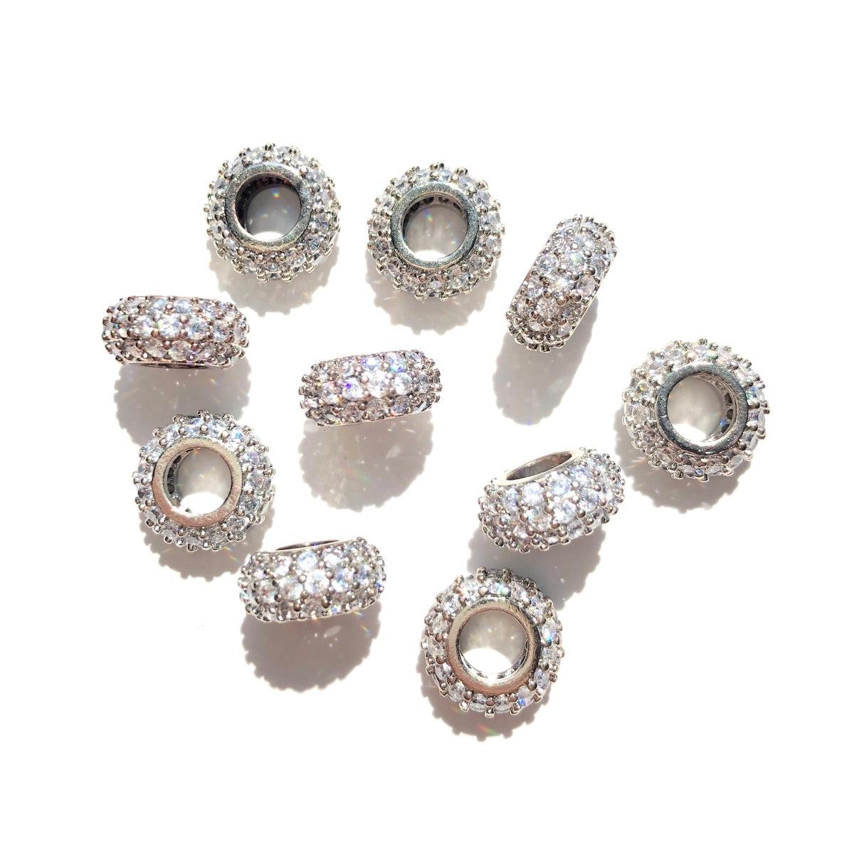 10-20-50pcs/lot 10mm CZ Paved Big Hole Rondelle Wheel Spacers Silver CZ Paved Spacers Big Hole Beads New Spacers Arrivals Rondelle Beads Wholesale Charms Beads Beyond