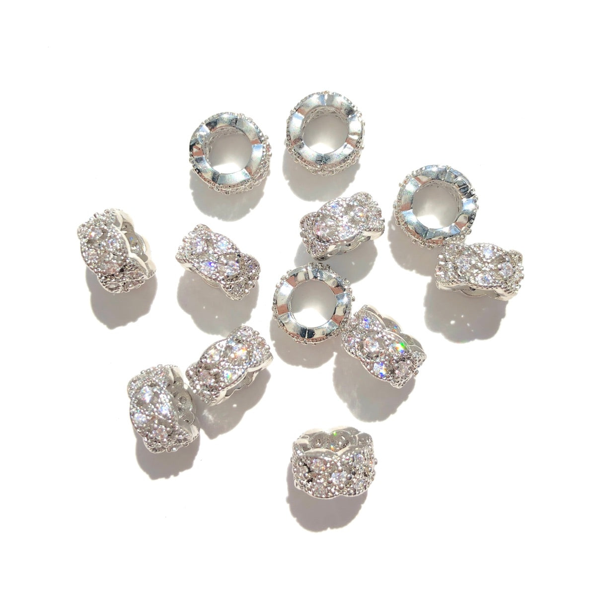 20-50pcs/lot 8mm CZ Paved Hollow Rondelle Wheel Spacers Silver CZ Paved Spacers New Spacers Arrivals Rondelle Beads Wholesale Charms Beads Beyond