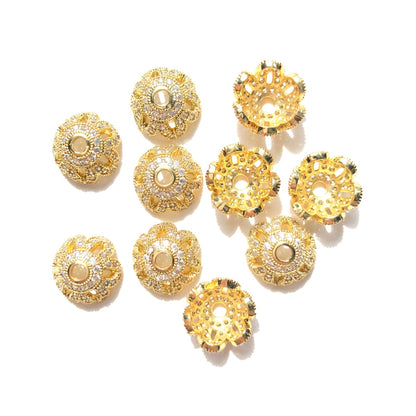 10-20pcs/lot 12mm CZ Paved Beads Caps Flower Spacers Gold CZ Paved Spacers Beads Caps New Spacers Arrivals Wholesale Charms Beads Beyond