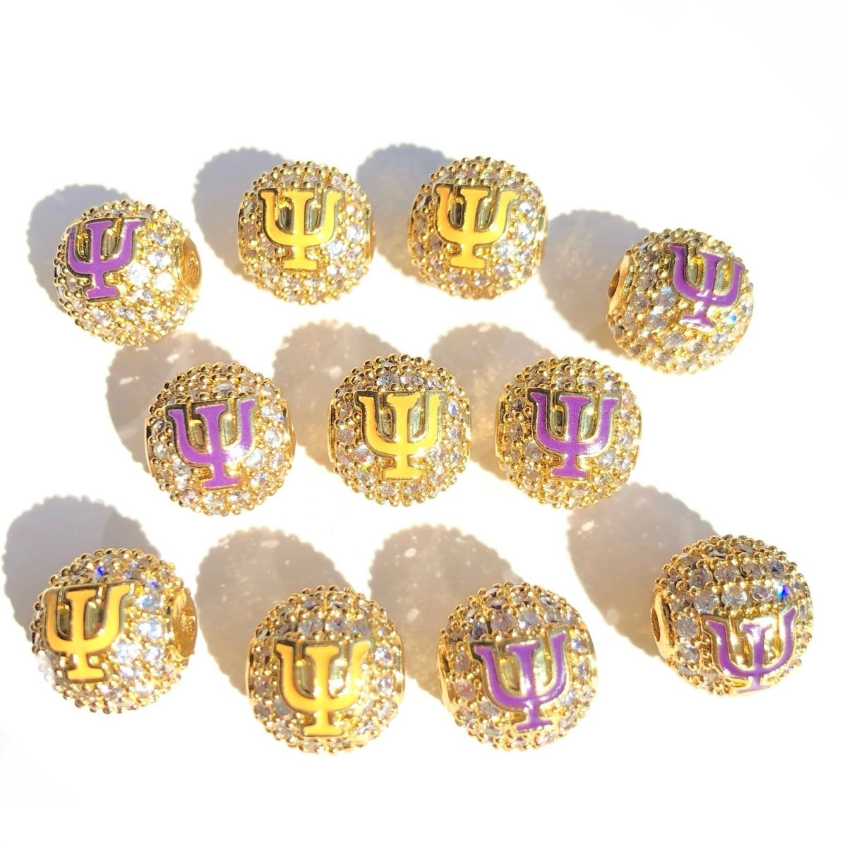 12pcs/lot 10mm Purple Yellow Enamel CZ Paved Greek Letter "Ψ", "Φ", "Ω" Ball Spacers Beads 12 Gold Ψ CZ Paved Spacers 10mm Beads Ball Beads Greek Letters New Spacers Arrivals Charms Beads Beyond