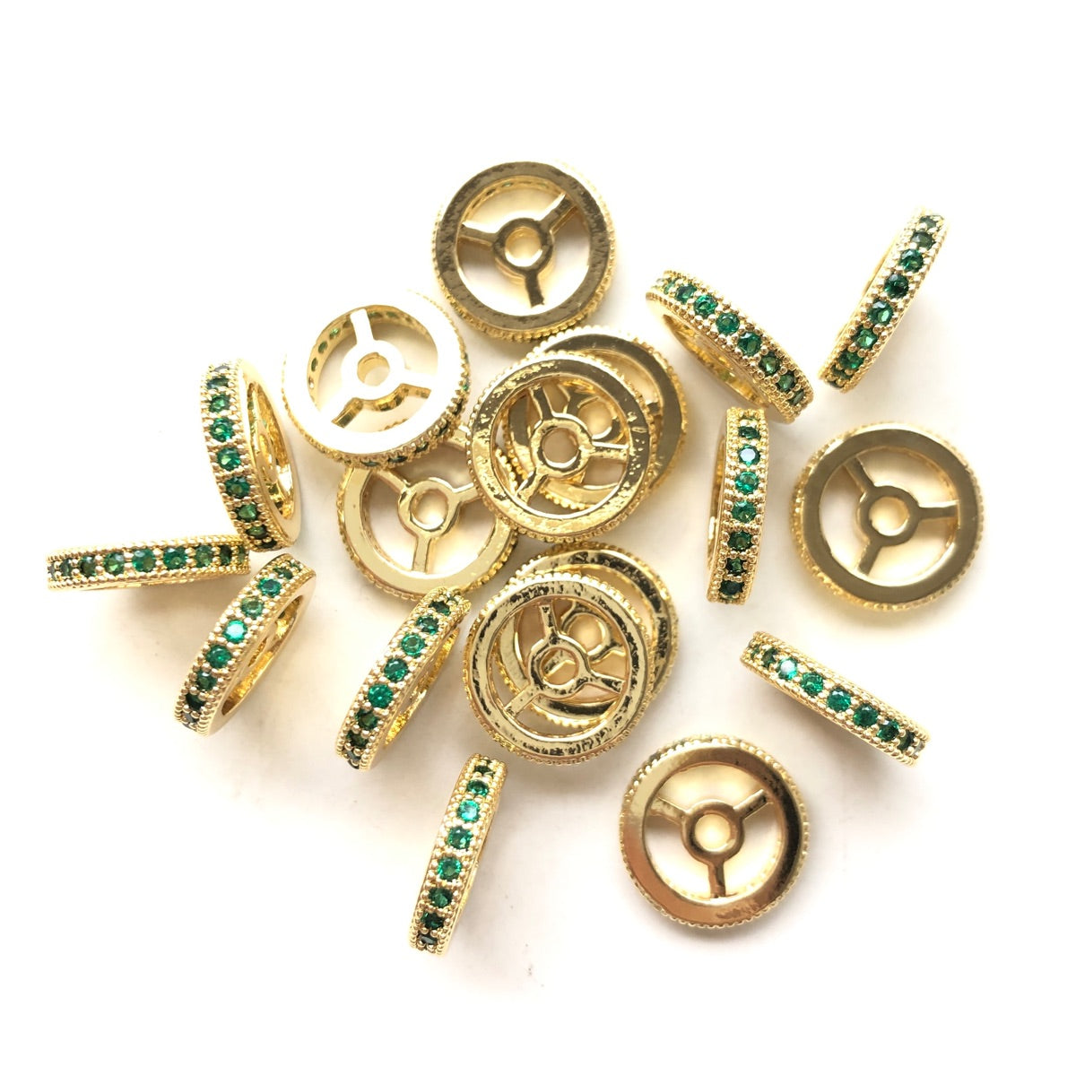 20pcs/lot 9.6/12mm Green CZ Paved Wheel Rondelle Spacers Gold CZ Paved Spacers New Spacers Arrivals Rondelle Beads Charms Beads Beyond