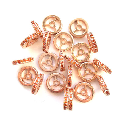 20pcs/lot 9.6/12mm Reddish Orange CZ Paved Wheel Rondelle Spacers Rose Gold CZ Paved Spacers New Spacers Arrivals Rondelle Beads Charms Beads Beyond