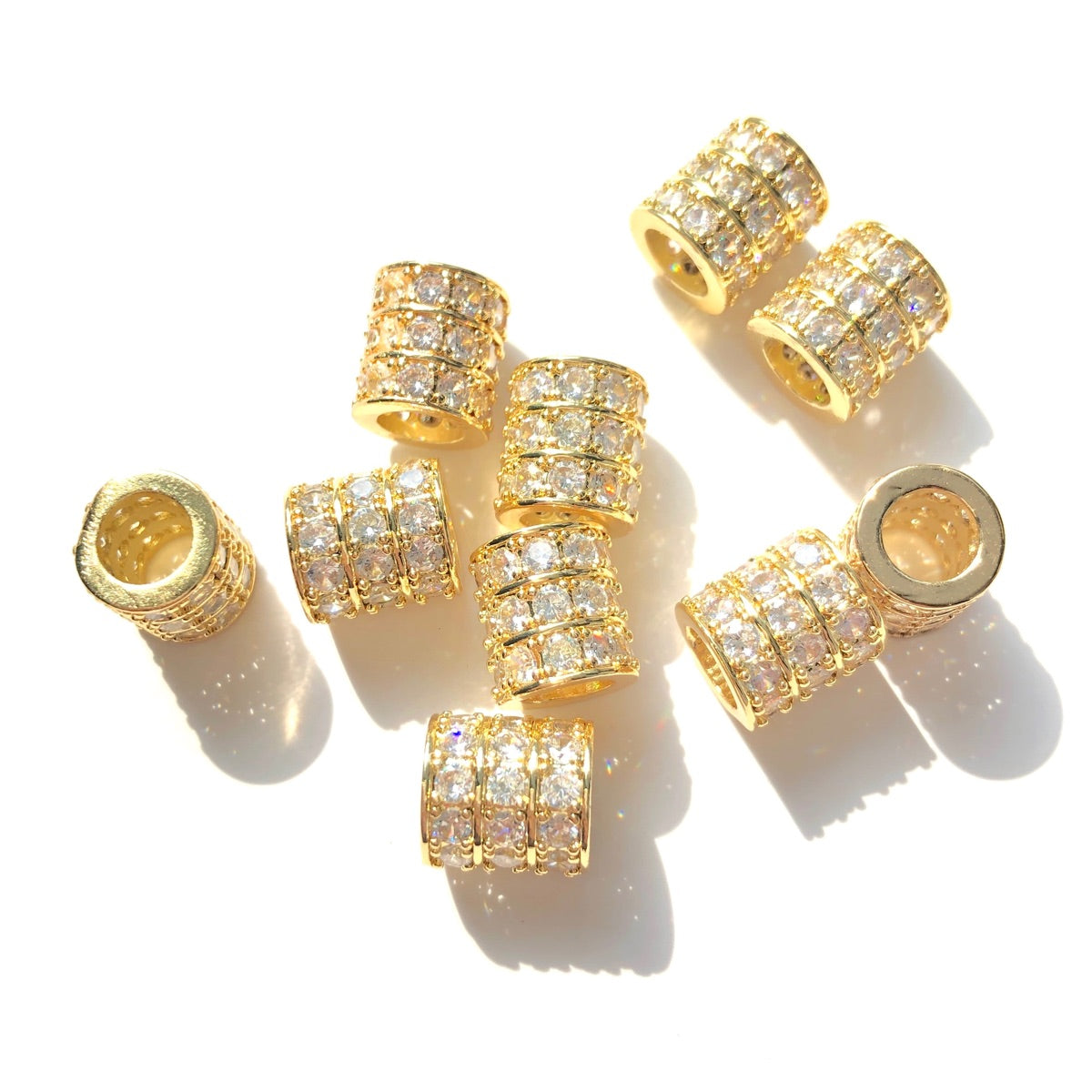 10-20-50pcs/lot 10*9mm CZ Paved Big Hole Rondelle Wheel Spacers Gold CZ Paved Spacers Big Hole Beads New Spacers Arrivals Rondelle Beads Wholesale Charms Beads Beyond