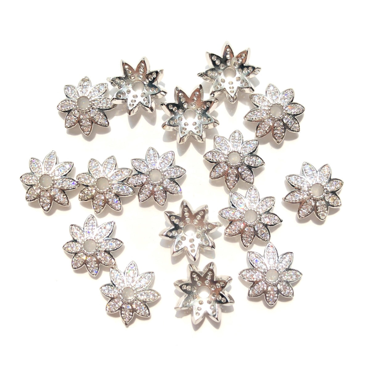 20pcs/lot 12mm CZ Paved Beads Caps Flower Spacers Silver CZ Paved Spacers Beads Caps New Spacers Arrivals Wholesale Charms Beads Beyond
