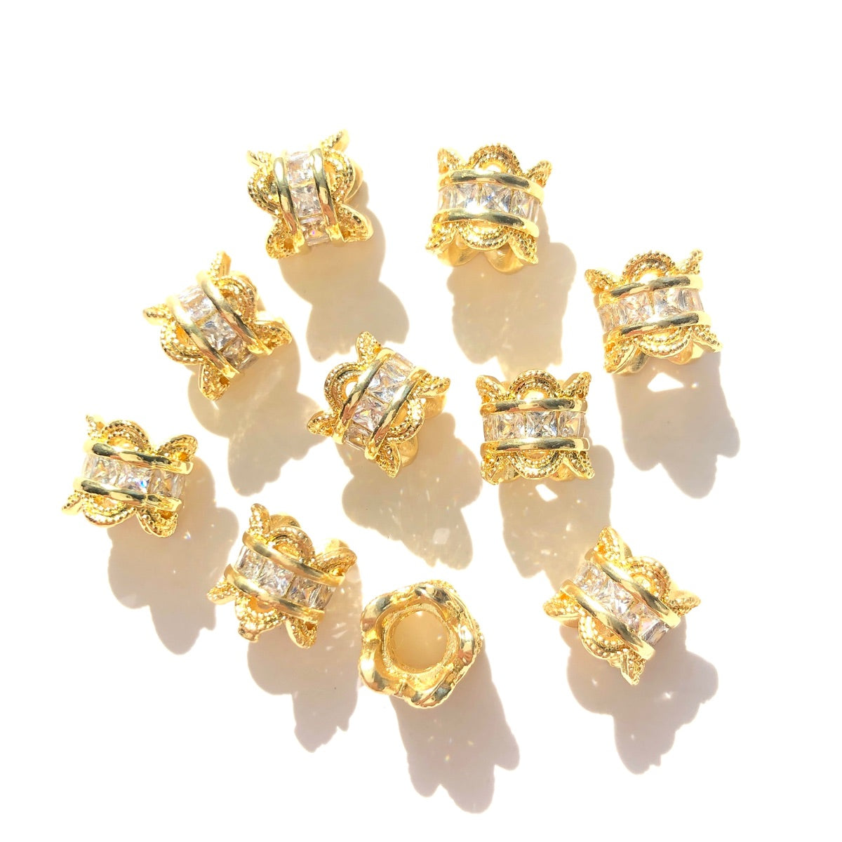 10-20-50pcs/lot 10mm CZ Paved Big Hole Flower Rondelle Wheel Spacers Gold CZ Paved Spacers Big Hole Beads New Spacers Arrivals Rondelle Beads Wholesale Charms Beads Beyond