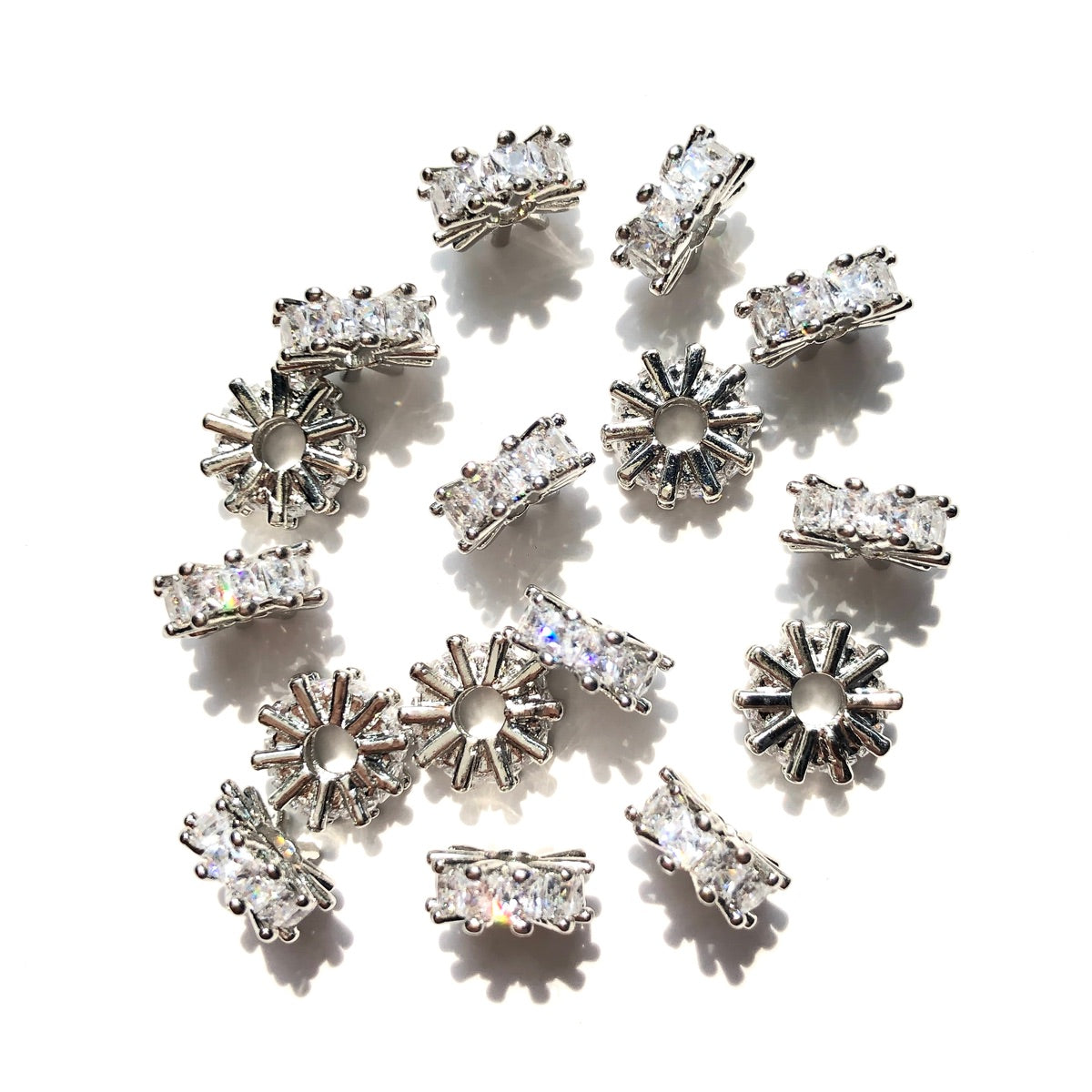 20-50pcs/lot 8.6mm Square CZ Paved Rondelle Wheel Spacers Silver CZ Paved Spacers New Spacers Arrivals Rondelle Beads Wholesale Charms Beads Beyond