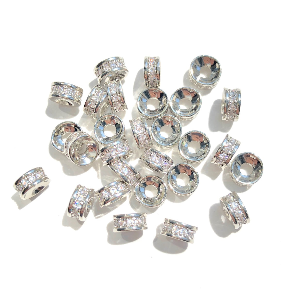 20-50pcs/lot 6*3mm CZ Paved Small Rondelle Wheel Spacers Silver CZ Paved Spacers New Spacers Arrivals Rondelle Beads Wholesale Charms Beads Beyond