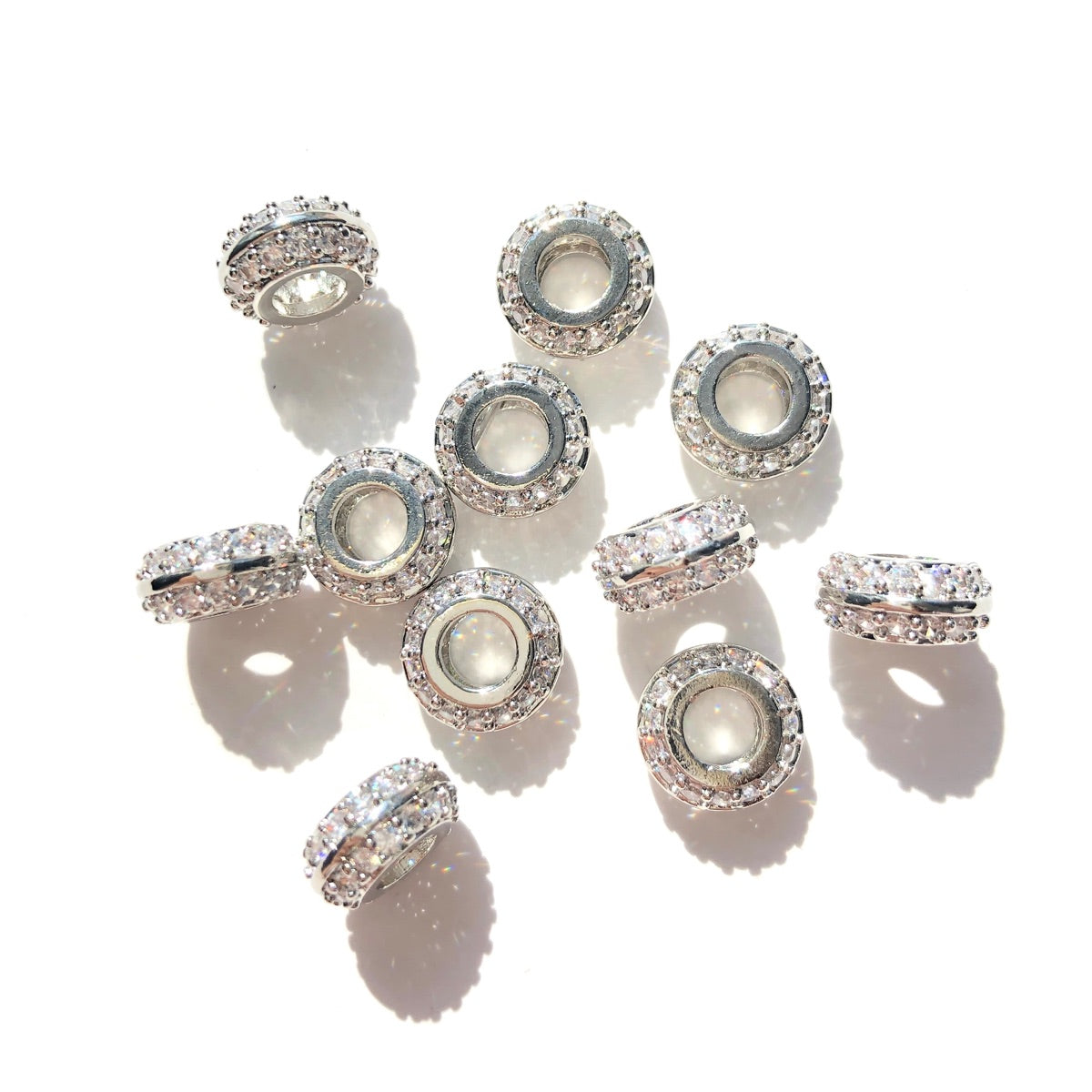 10-20-50pcs/lot 9mm CZ Paved Big Hole Rondelle Wheel Spacers Silver CZ Paved Spacers Big Hole Beads New Spacers Arrivals Rondelle Beads Wholesale Charms Beads Beyond