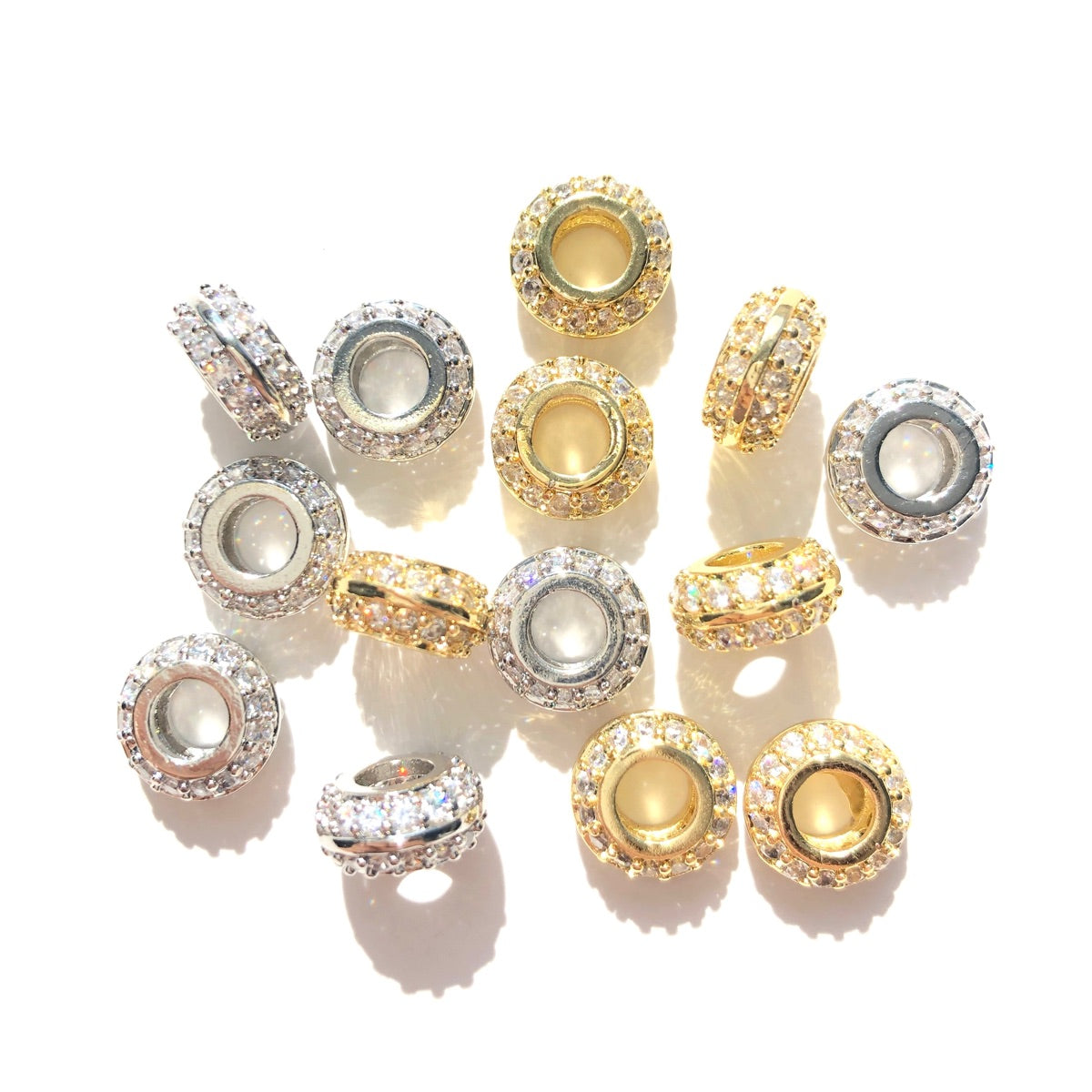 10-20-50pcs/lot 9mm CZ Paved Big Hole Rondelle Wheel Spacers Mix Colors CZ Paved Spacers Big Hole Beads New Spacers Arrivals Rondelle Beads Wholesale Charms Beads Beyond