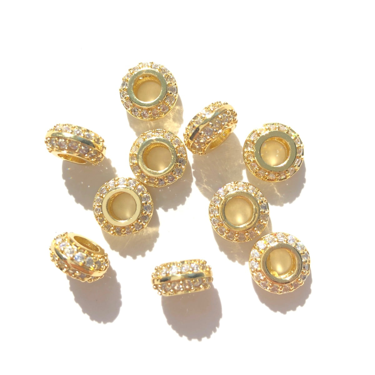 10-20-50pcs/lot 9mm CZ Paved Big Hole Rondelle Wheel Spacers Gold CZ Paved Spacers Big Hole Beads New Spacers Arrivals Rondelle Beads Wholesale Charms Beads Beyond