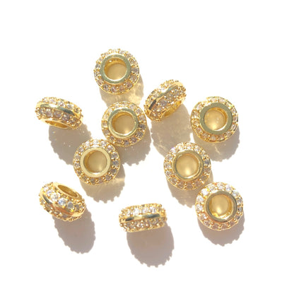 10-20-50pcs/lot 9mm CZ Paved Big Hole Rondelle Wheel Spacers Gold CZ Paved Spacers Big Hole Beads New Spacers Arrivals Rondelle Beads Wholesale Charms Beads Beyond